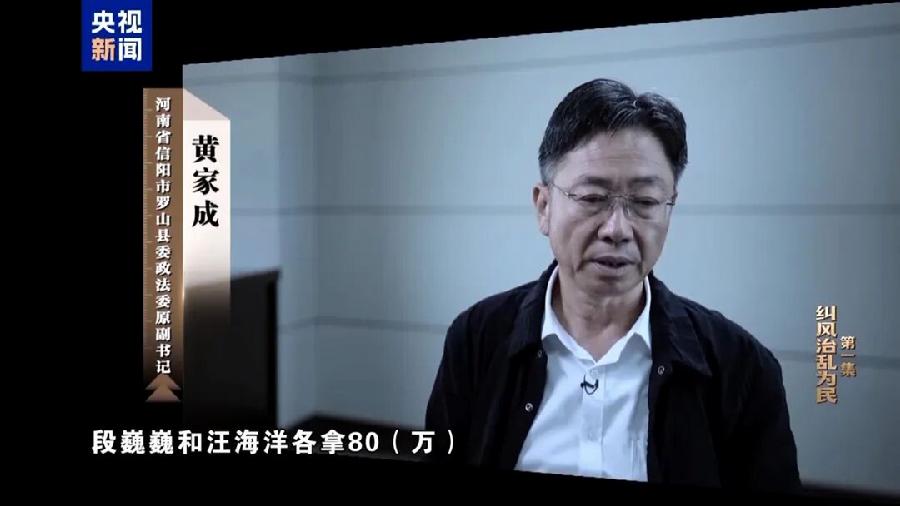河南省信阳市罗山县委政法委原副书记 黄家成：李献林协商他拿90万，段巍巍和汪海洋各拿80万，我拿20万，方建兵拿10万。